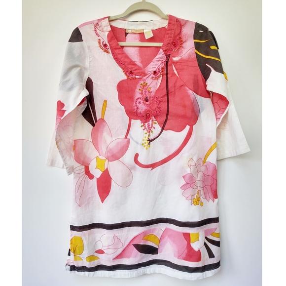 La Cera Tops - La Cera Floral Tunic Top 3/4 Sleeve Size Medium